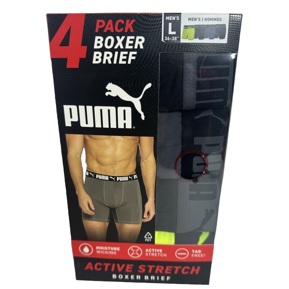 NEW MENS PUMA 4 PACK DRY CELL BOXER BRIEF PREMIUM ACTIVE STRETCH TAG FREE Size L